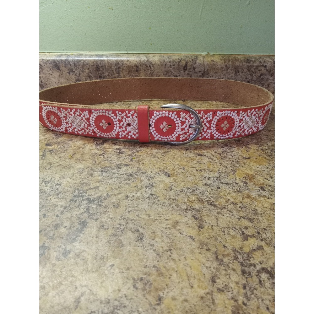 Lucky Brand Red Leather Embroidered Floral Boho Belt Silver Buckle Medium